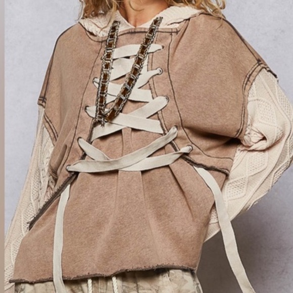 POL forever tied Brown and Cream Lace-Up Hoodie - Picture 3 of 11